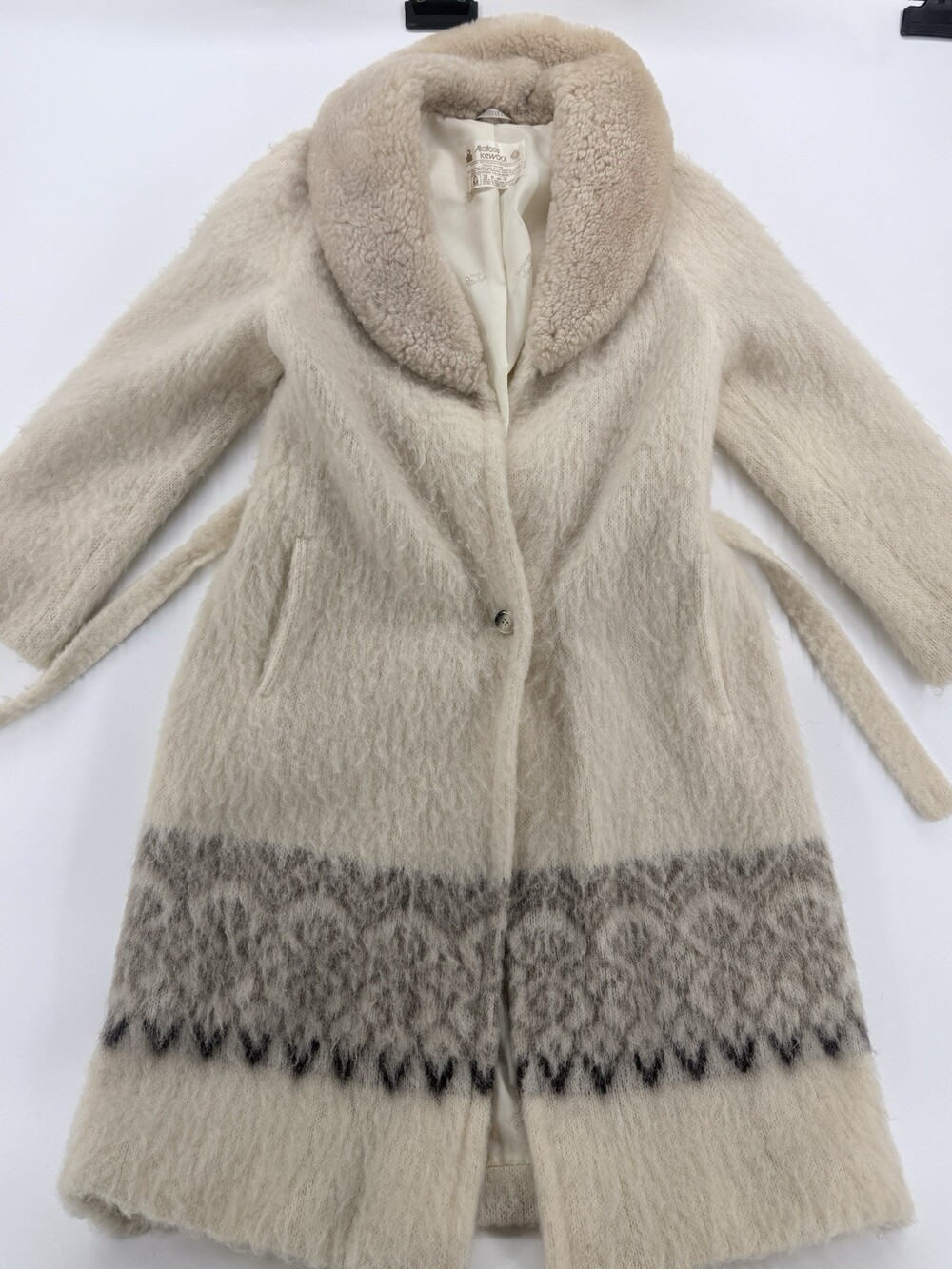 Vintage Alafoss Icewool Icelandic Wool Coat Cream Nordic Geometric Long Jacket M